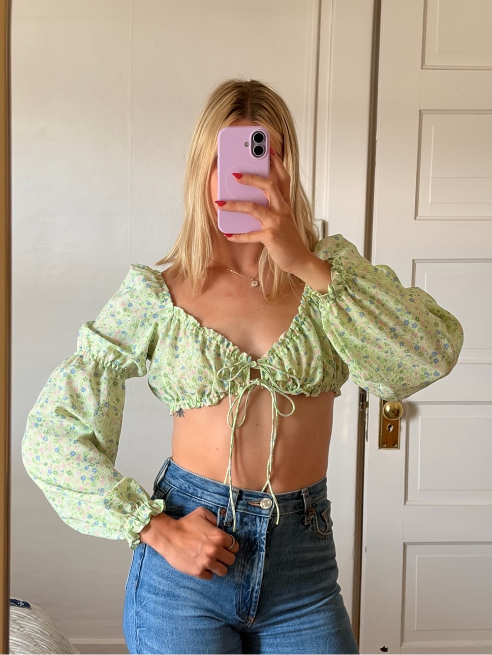 Green floral ruffle top